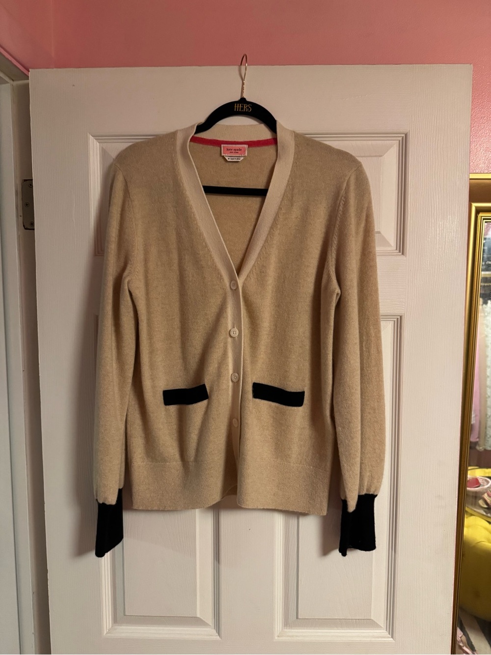 Kate spade Cashmere Blend V-Neck Cardigan - Cream with Black Trim Size M